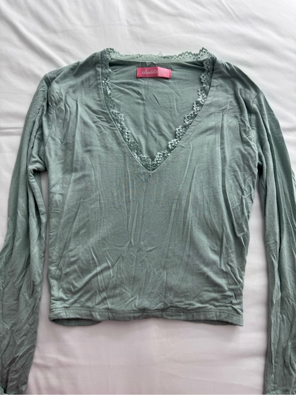 Sage Green Lace-Trim V-Neck Long-Sleeve Top